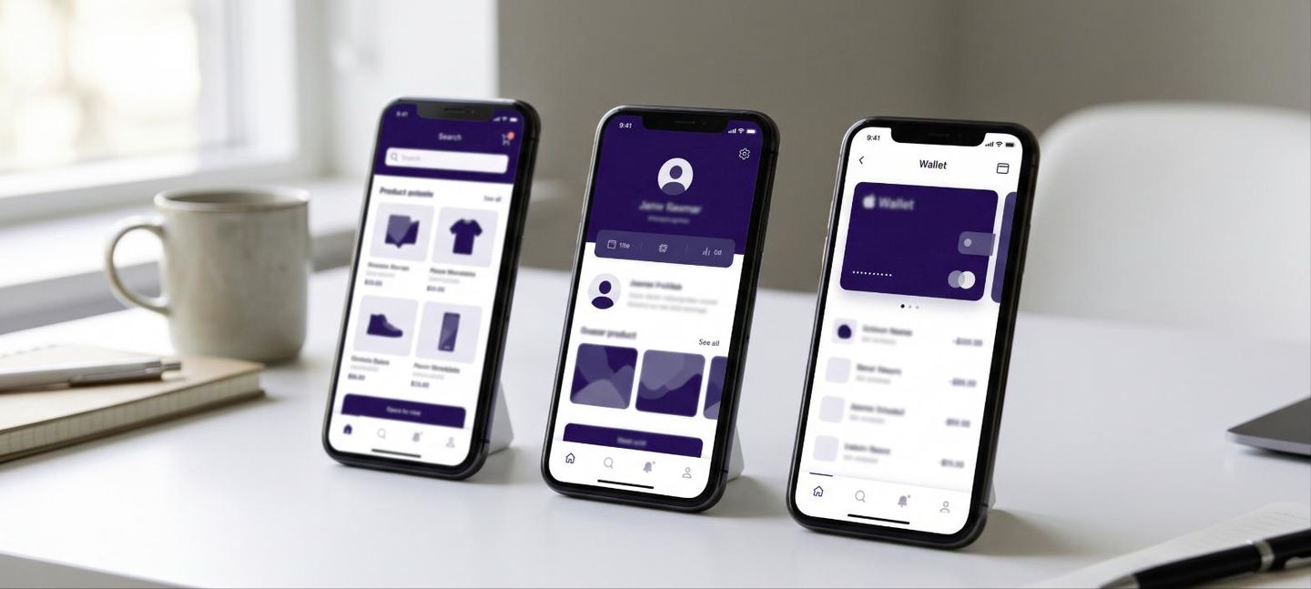 Drei Smartphones mit App-Ansichten für Produkte, Profil und Wallet
