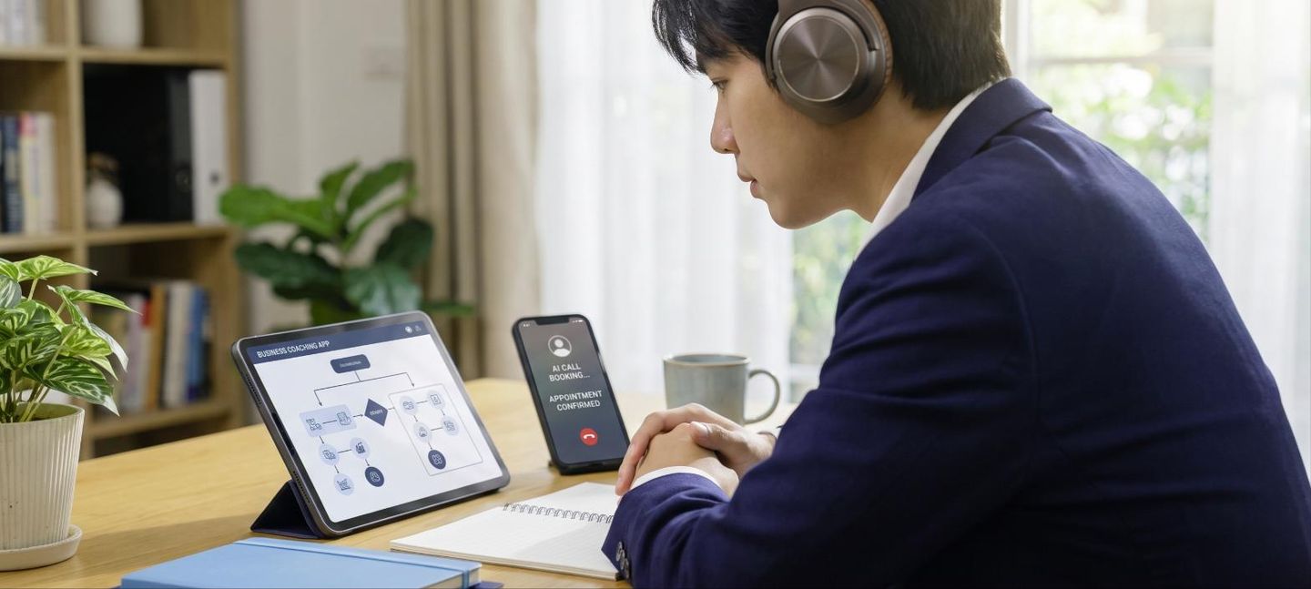 Ein Vertriebspartner mit Headset, auf dem Smartphone läuft ein KI-Anruf, auf dem Tablet ein Gesprächsleitfaden